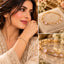 Gold Wave Vine Blush Pink CZ Oval Marquise Tennis Bracelet collage showing Pakistani model wearing bracelet with ivory embroidered outfit top left box shot of bracelet on beige velvet with white flowers top right and closeup of gold wavy vine chain with prong set blush pink oval and marquise CZ stones bottom right