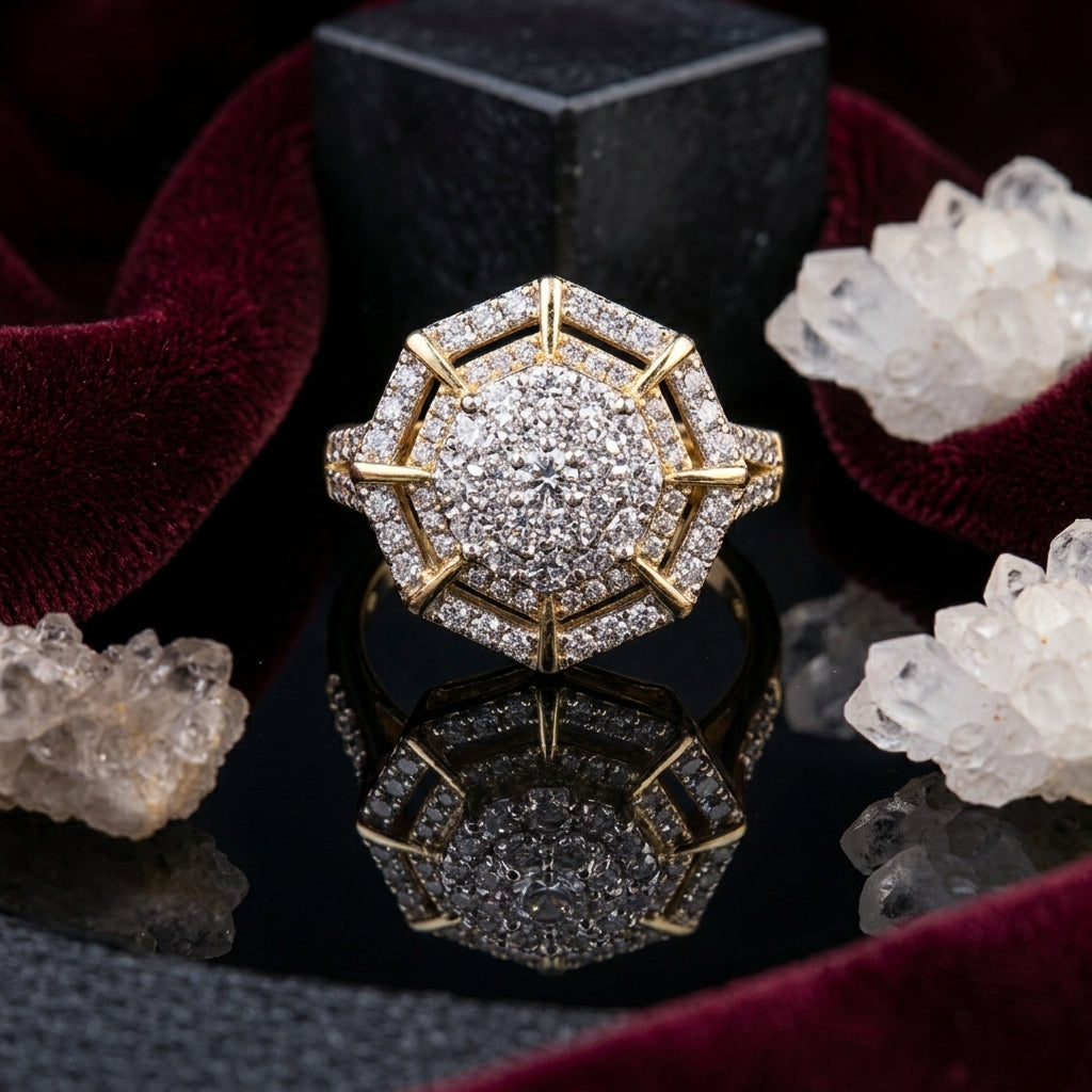 22K Gold-Tone White CZ Dome Cluster Octagon Gold Bar Frame Halo Statement Ring on black mirror surface with deep burgundy velvet fabric and white crystal quartz clusters backdrop