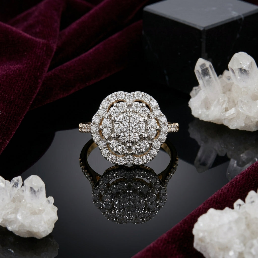 22K Gold-Tone White CZ Floral Cluster Double Scalloped Halo & Pavé Shoulder Bridal Ring on black mirror surface with deep burgundy velvet fabric and white crystal quartz cluster backdrop
