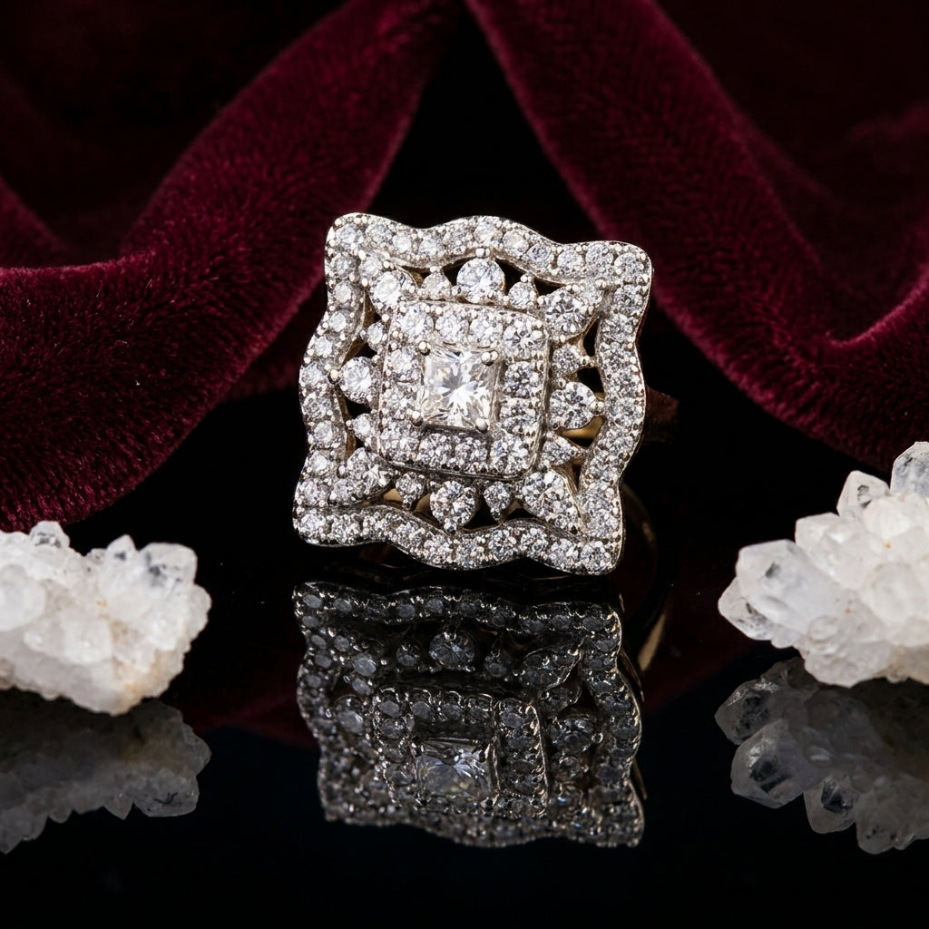22K Gold-Tone White CZ Princess Cluster Double Square Scalloped Halo Open-Work Bridal Ring on black mirror surface with deep burgundy velvet fabric and white crystal quartz clusters backdrop