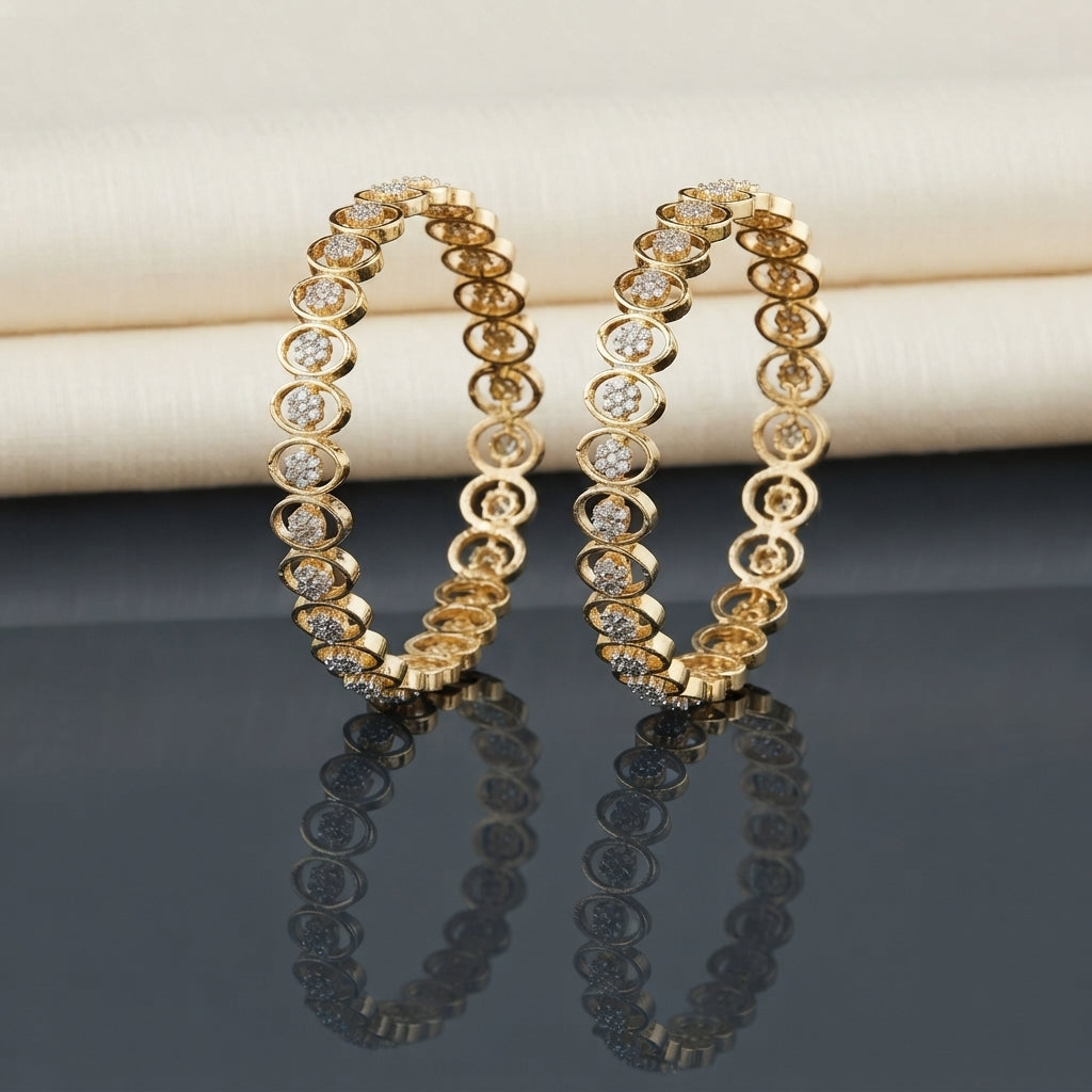 Gold-Tone CZ Pavé Oval Link Open-Work AD Bangle Pair