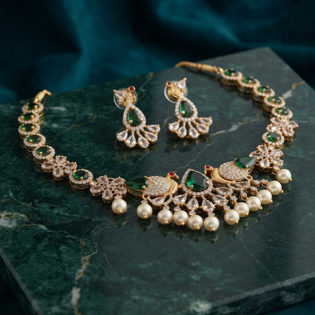 South Indian-style gold-tone floral necklace and matching drop earrings with red accents and pearl-look drops, displayed on a dark surface.