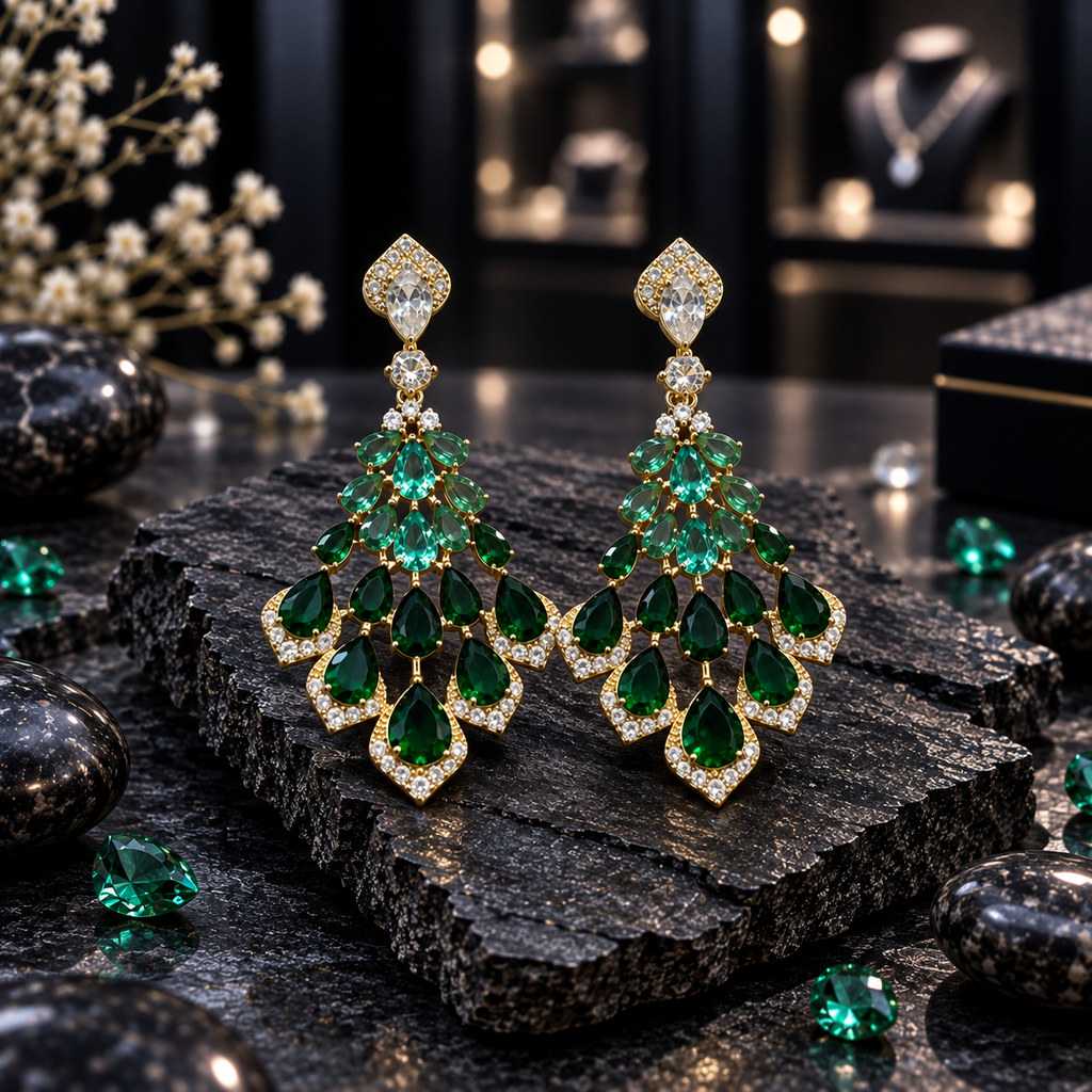 Pair of gold-tone chandelier earrings with cascading green teardrop accents and clear sparkling borders.