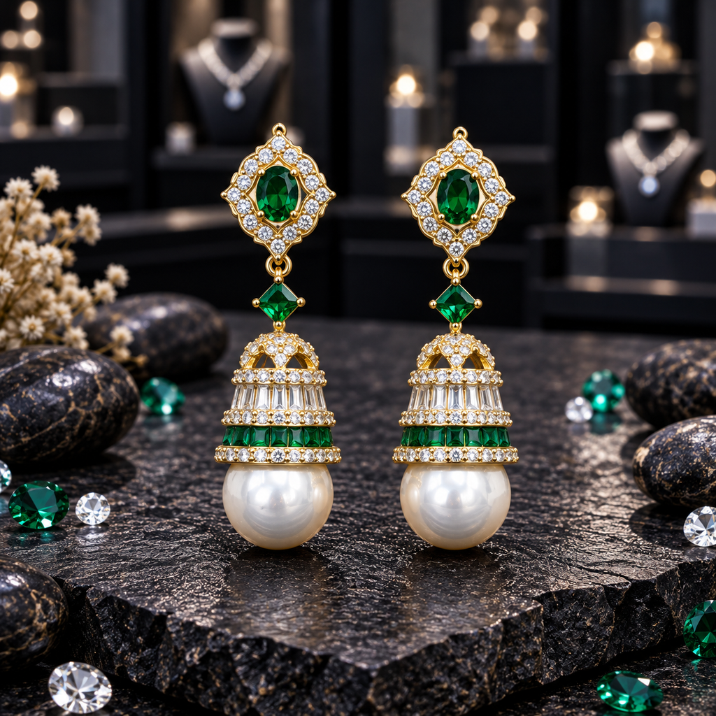 Pair of gold-tone jhumka earrings with green oval accents, clear sparkling details and large white pearl-look drops.