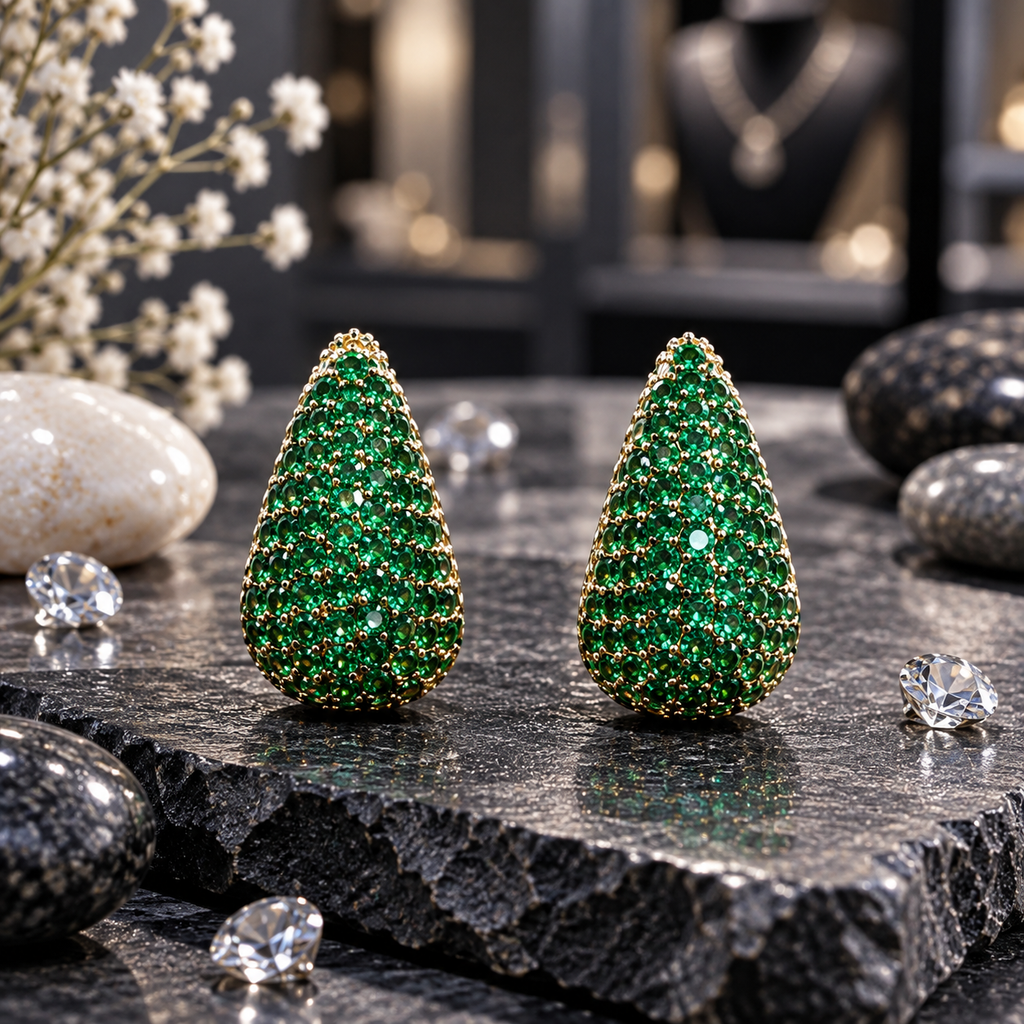 Pair of rounded teardrop earrings with green round accents in a gold-tone setting, pointed tops and wider curved bases.