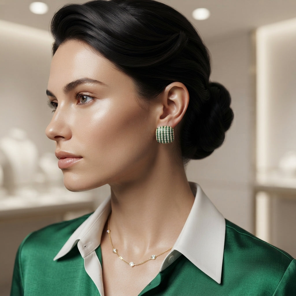 Model wearing rounded-square green and clear-looking striped stud earrings with a gold-tone appearance.