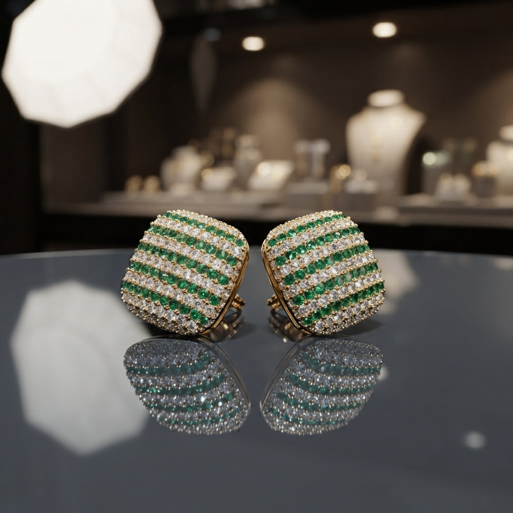Pair of rounded-square stud earrings with alternating green and clear-looking rows and a gold-tone appearance.