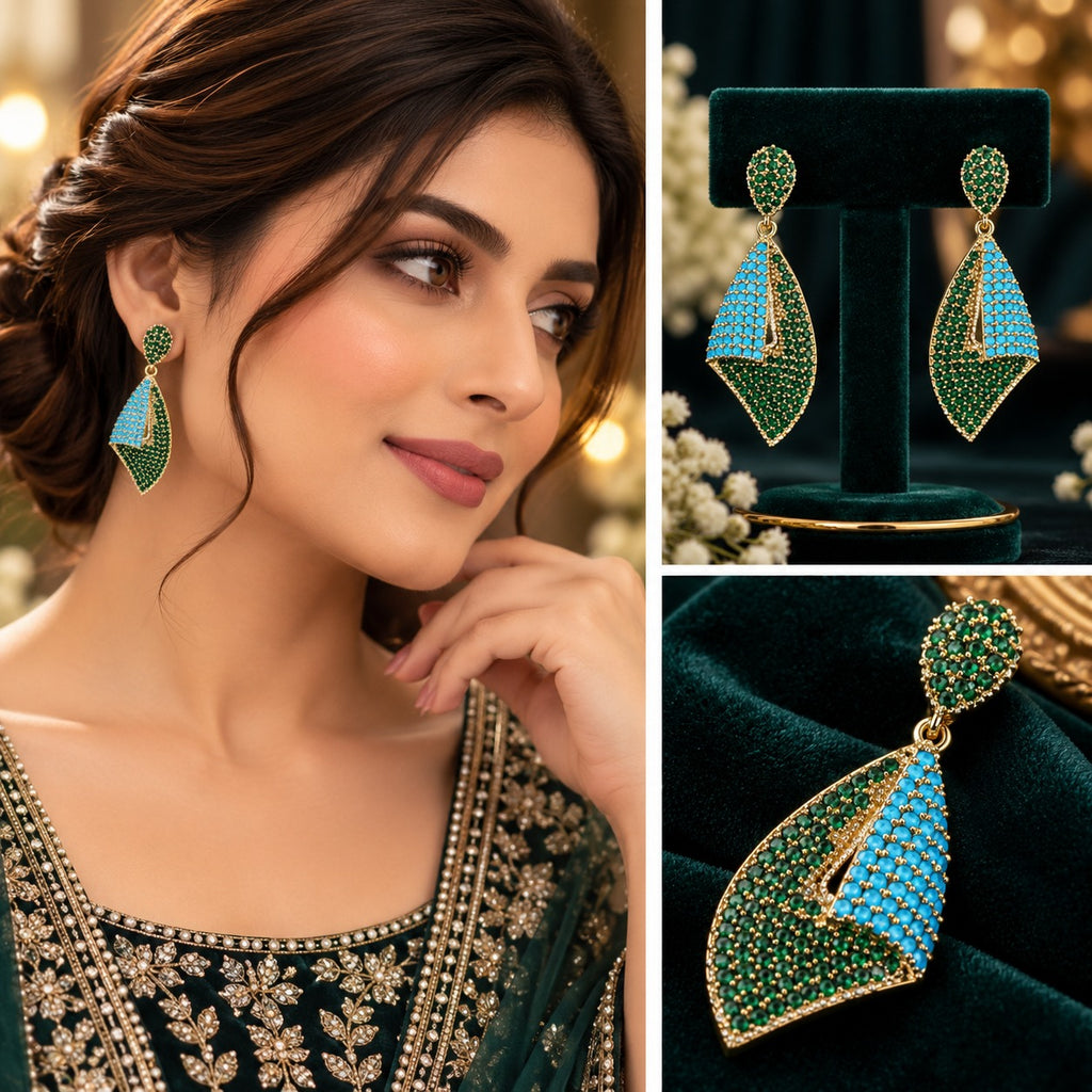 Pair of gold-tone geometric drop earrings with green and turquoise-colored rows.
