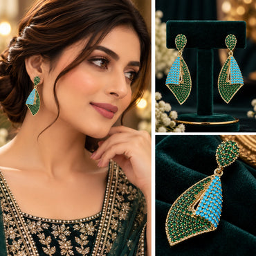 Pair of gold-tone geometric drop earrings with green and turquoise-colored rows.