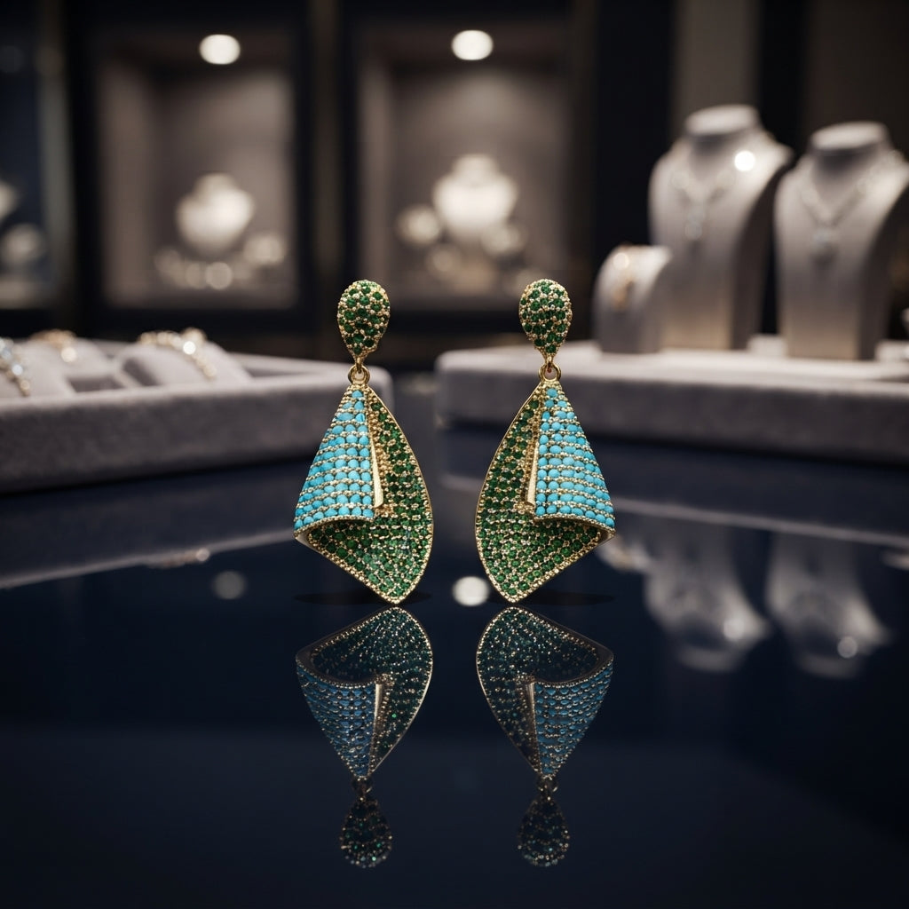 Pair of silver-tone geometric drop earrings with green and turquoise-colored rows.