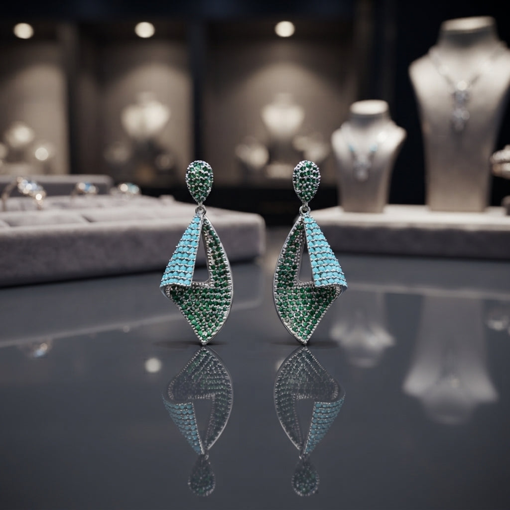 Collage showing a model wearing gold-tone green and turquoise geometric drop earrings, with pair and close-up views.