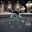 Collage showing a model wearing gold-tone green and turquoise geometric drop earrings, with pair and close-up views.