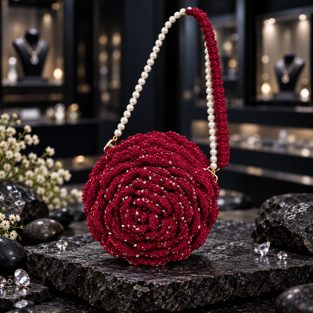 Handmade red rose-shaped bag with layered petal detailing, clear sparkling accents and a white pearl-look and red strap.