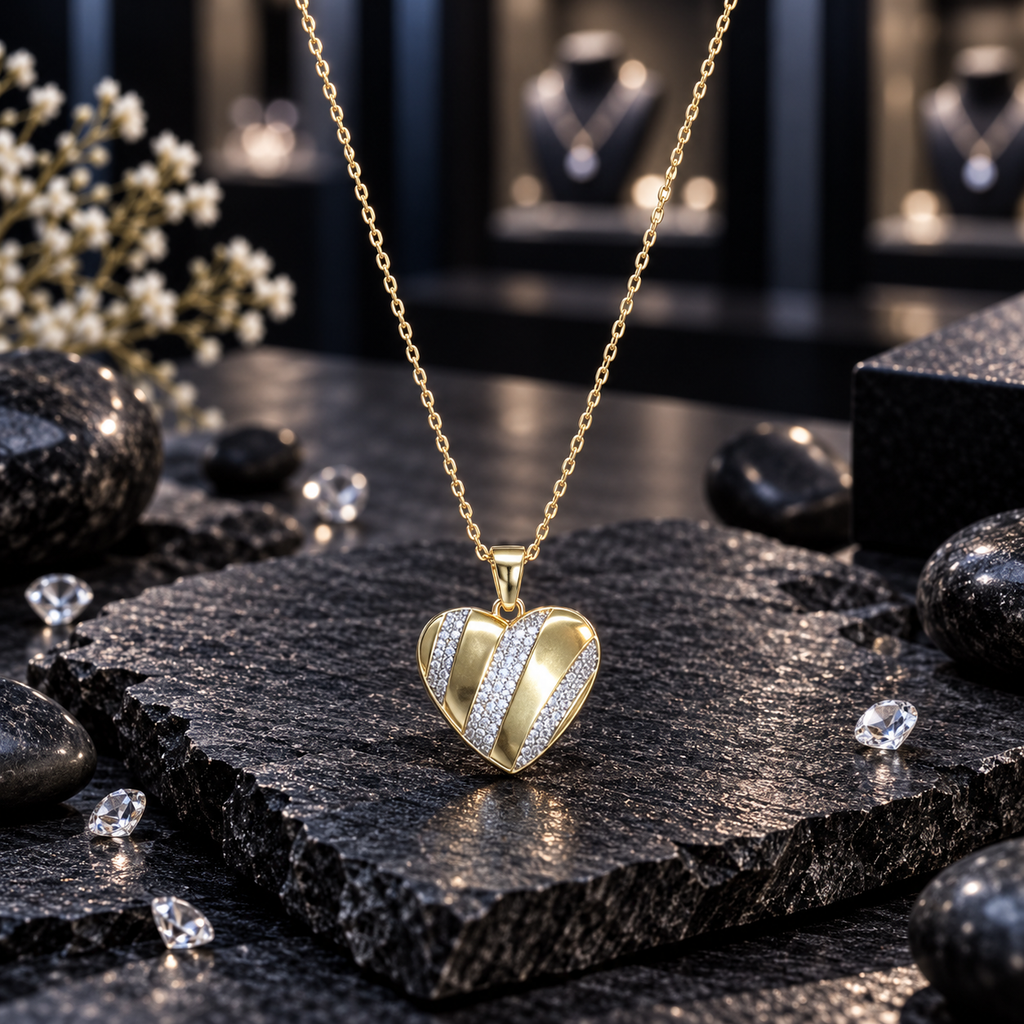 Gold-tone heart pendant with diagonal bands of clear sparkling accents, suspended from a coordinating link chain.