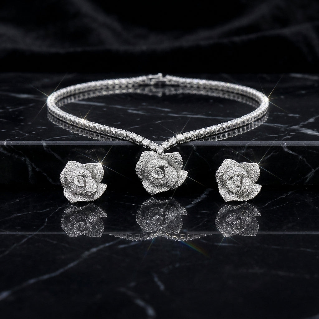 Silver-Tone CZ Rose Flower Tennis Necklace with 3D Rose Stud Earrings Set