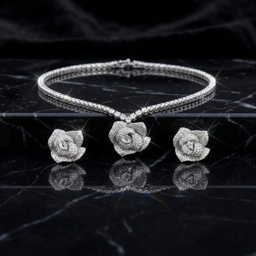 Silver-Tone CZ Rose Flower Tennis Necklace with 3D Rose Stud Earrings Set