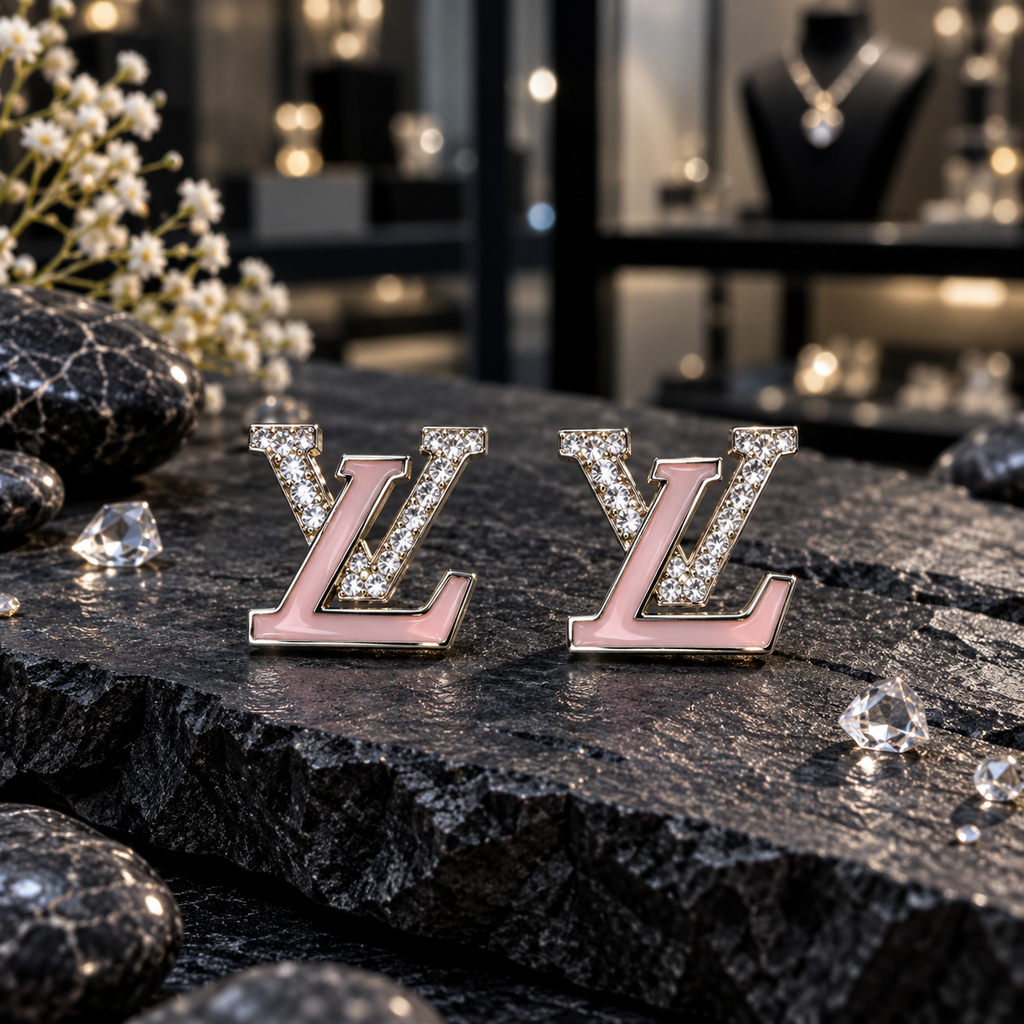 Pair of silver-tone interlocking LV-letter earrings with smooth pink L-shaped details and clear sparkling V-shaped sections.