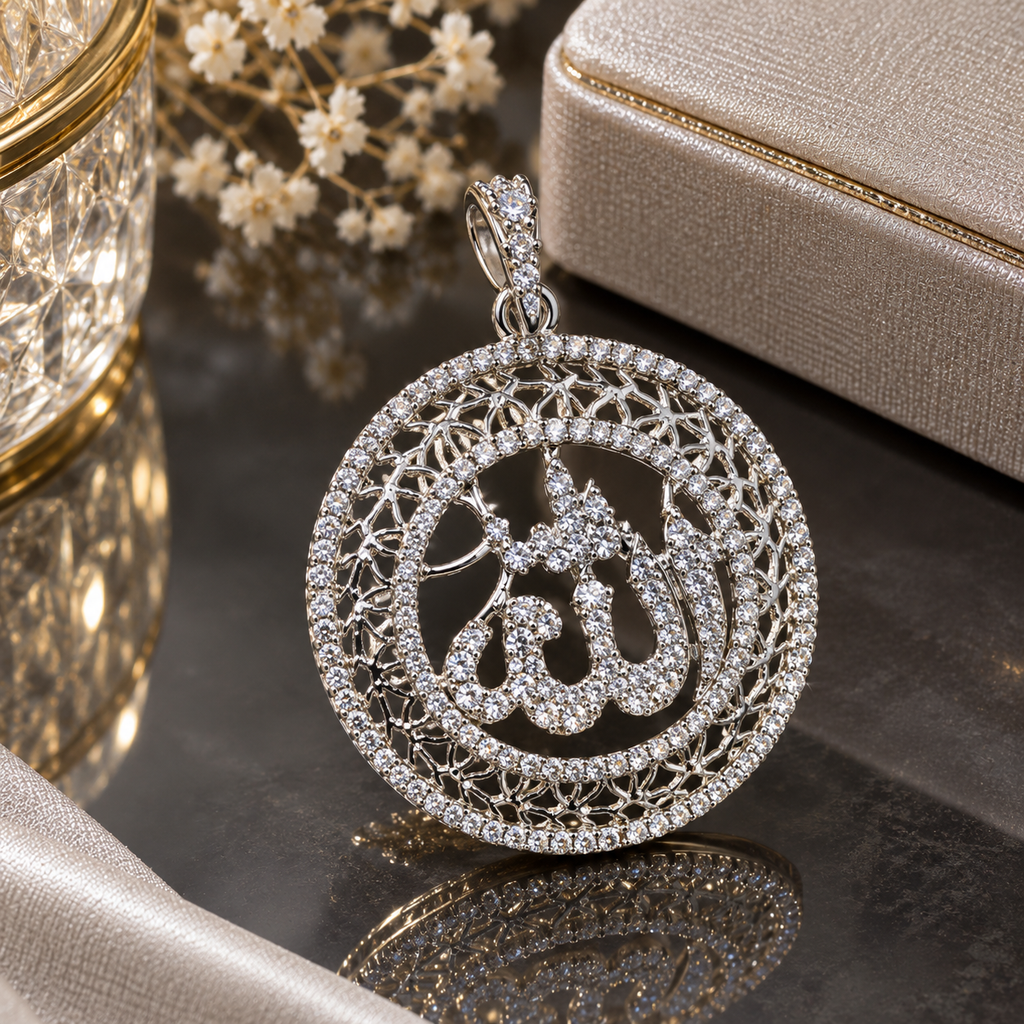 Silver-tone round Allah calligraphy pendant with clear accents, two circular borders, geometric openwork, and an embellished hanging loop.