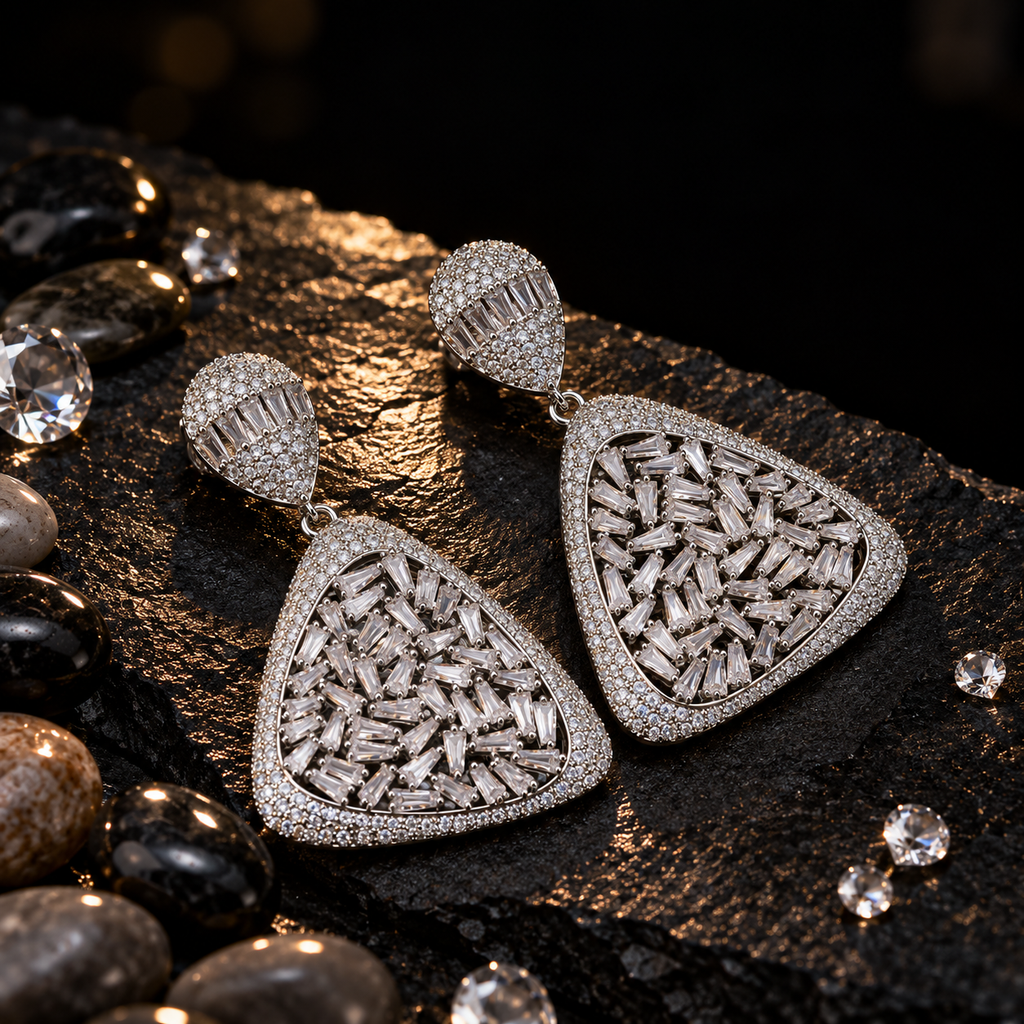 Silver CZ statement earrings with rounded triangular baguette-stone drops, pavé-style borders and teardrop-shaped tops