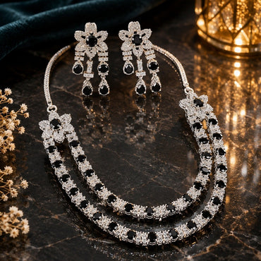 Black stone floral crystal necklace set with matching statement earrings
