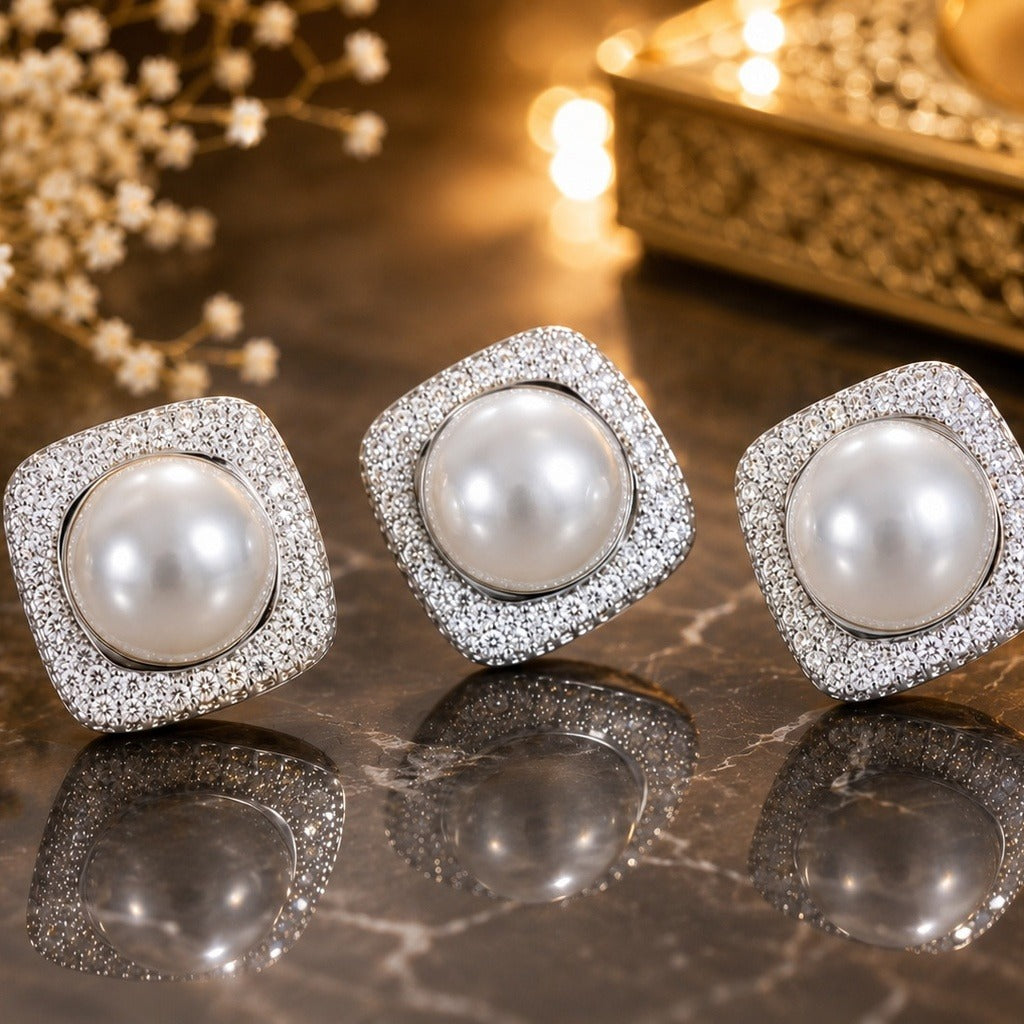 White pearl square crystal locket set with sparkling silver-tone detailing