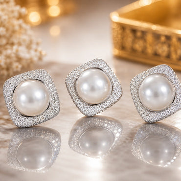 White pearl square crystal locket set with sparkling silver-tone detailing