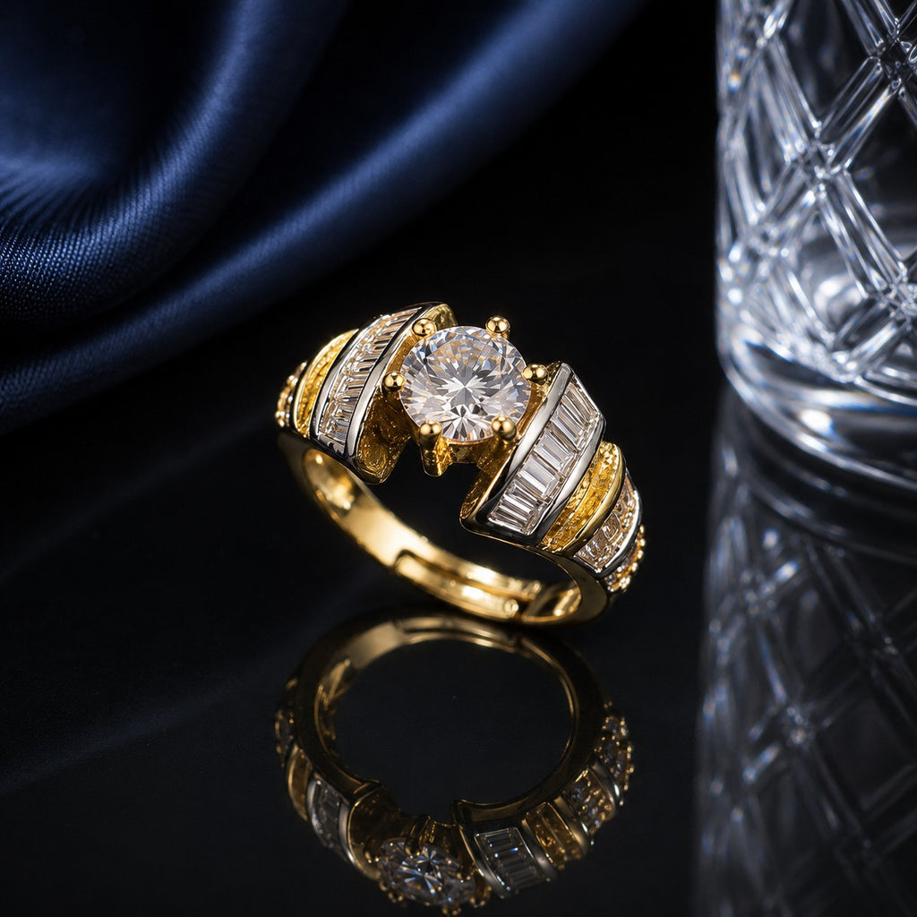 Golden CZ baguette solitaire statement ring with round center stone and layered detailing