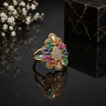 Elegant multicolor CZ floral statement ring with colorful baguette-style stones and sparkling gold-tone detailing