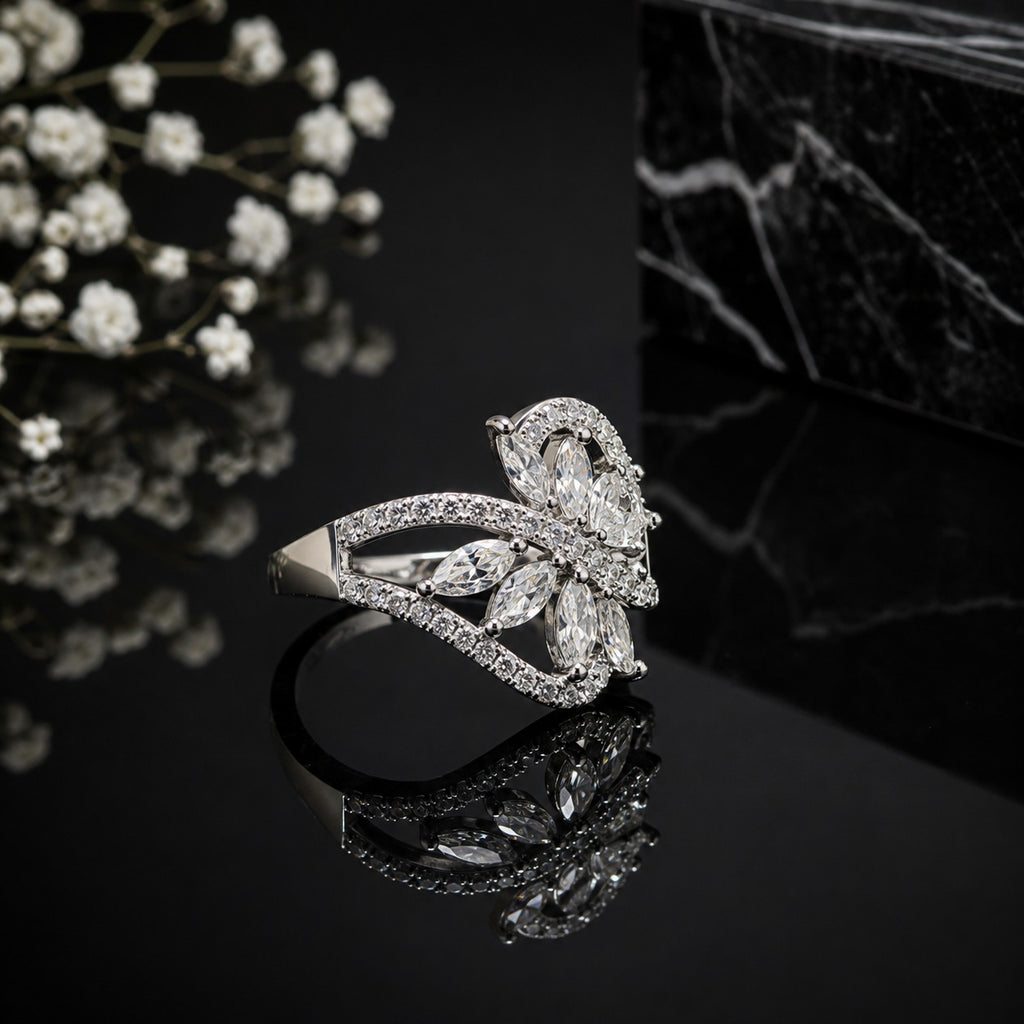 Elegant silver CZ floral leaf statement ring with marquise-cut stones and sparkling pavé detailing