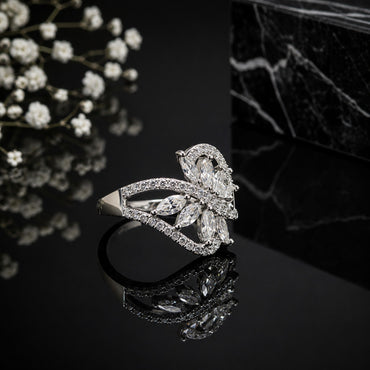 Elegant silver CZ floral leaf statement ring with marquise-cut stones and sparkling pavé detailing