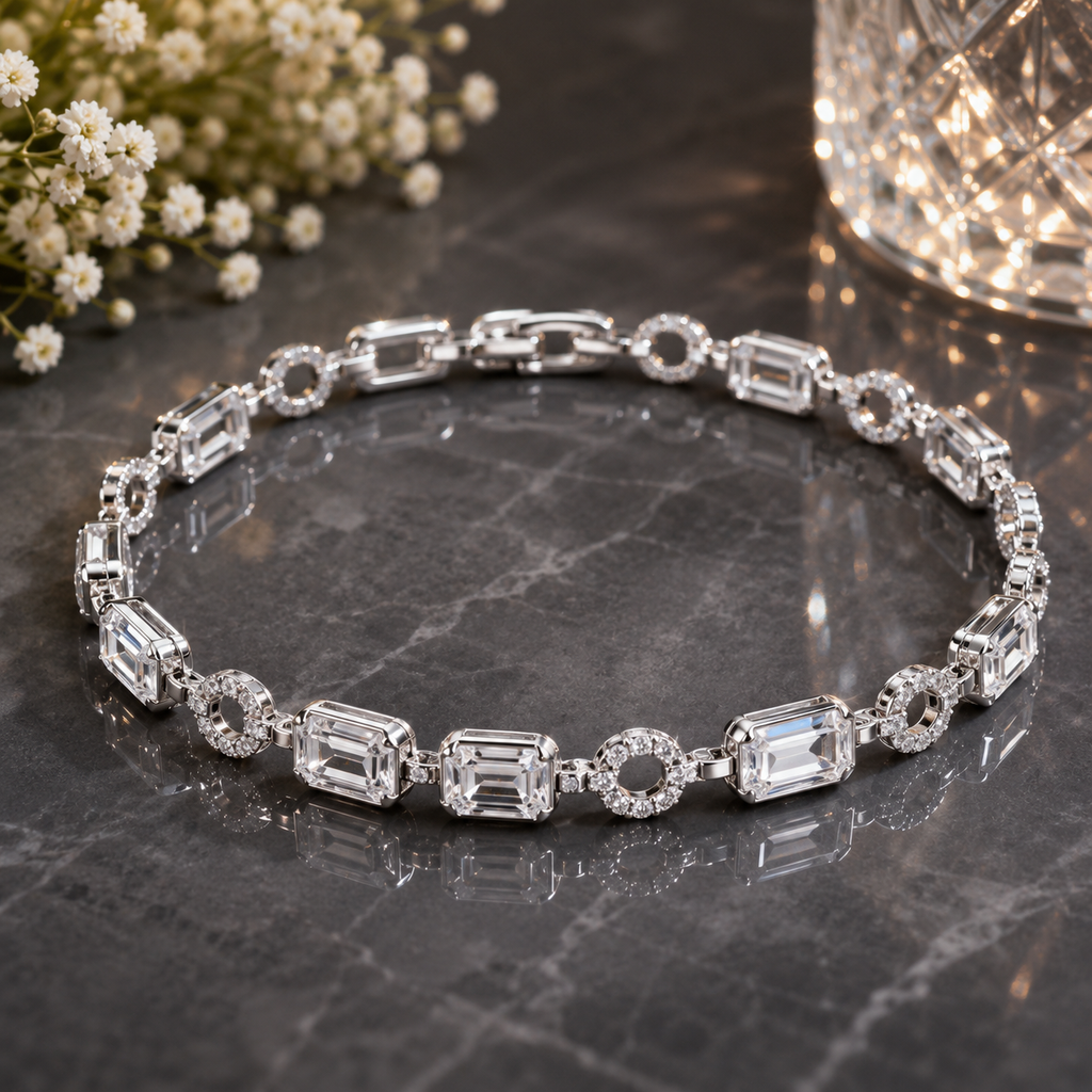 Elegant silver-tone CZ crystal bracelet with rectangular clear stones
