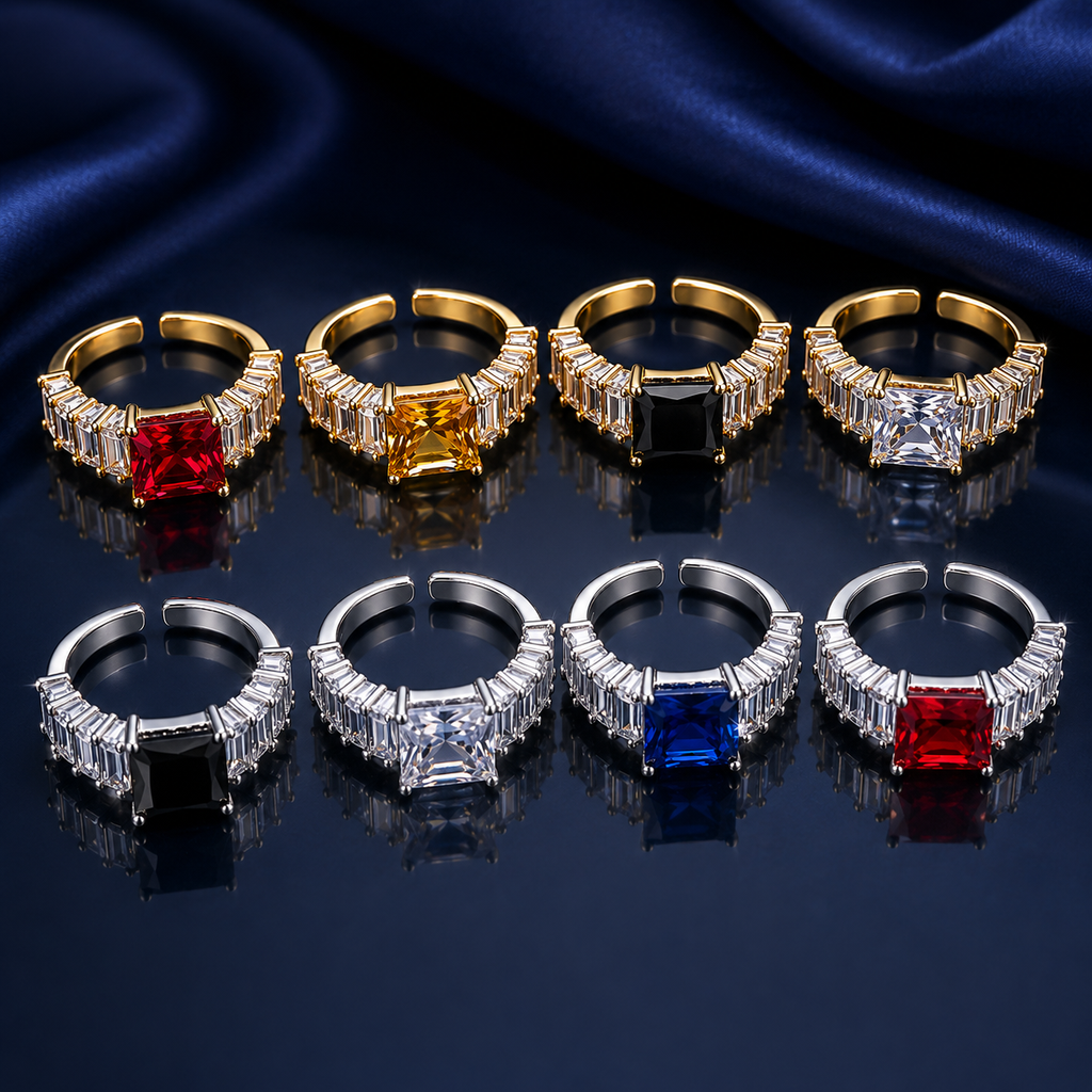 CZ princess cut baguette adjustable open-band ring in 8 color variants - red, yellow, black, white in gold-tone and black, white, blue, red in silver-tone
