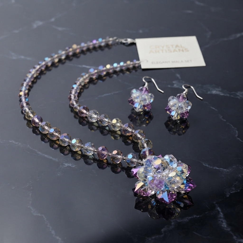 Beaded necklace with an iridescent clear-and-lavender floral cluster pendant and matching cluster drop earrings.
