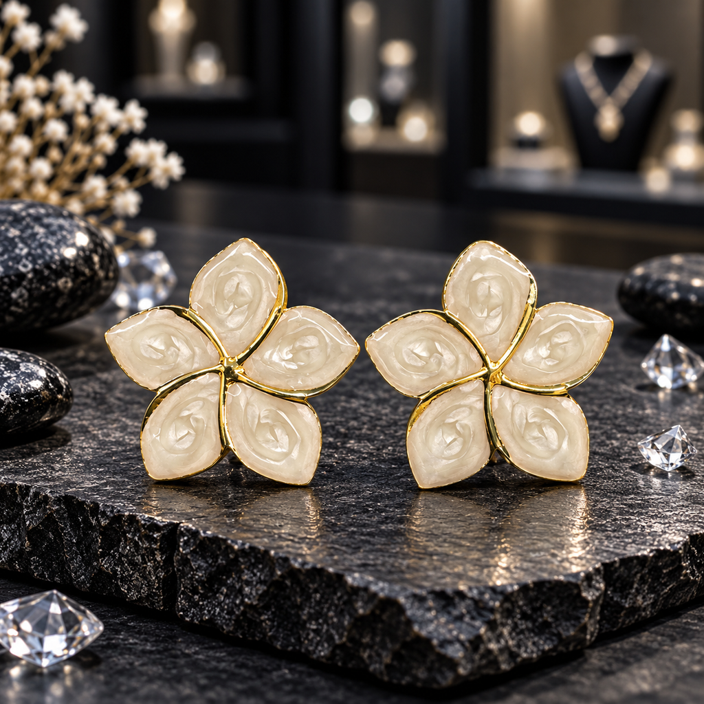 Pair of ivory five-petal flower earrings with pointed oval-style petals, glossy swirled patterns and thin gold-tone borders displayed on dark slate.