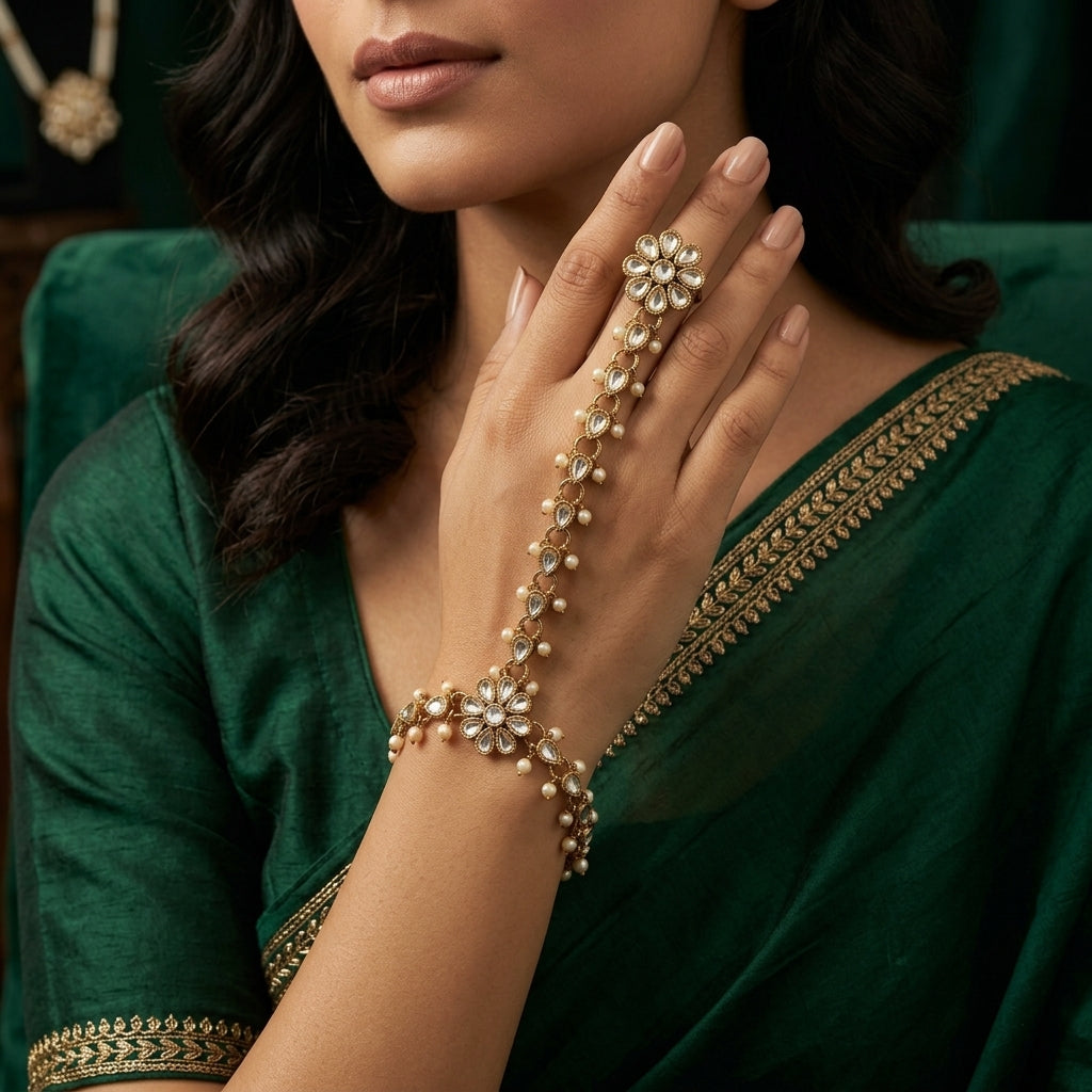 Kundan Pearl Hath Phool Bracelet Ring Gold product shot worn on model hand over green velvet with jewellery box backdrop showing gold-tone kundan polki flower wrist station pear CZ links with faux pearl drops and matching finger ring cluster