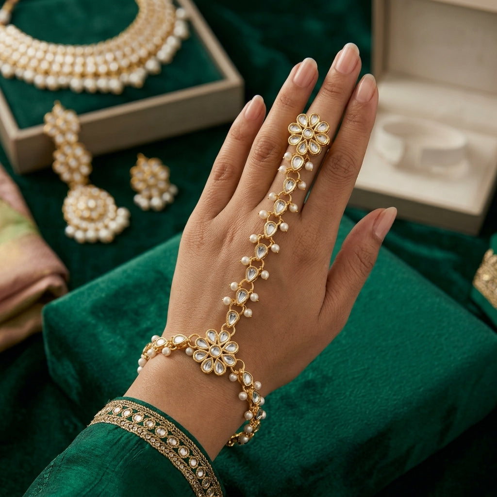 Kundan Pearl Hath Phool Bracelet Ring Silver lifestyle shot worn on model hand over green velvet cushion with silver embroidered green suit showing rhodium silver-tone kundan polki flower wrist station with pear CZ petals faux pearl drop hand chain and matching finger ring