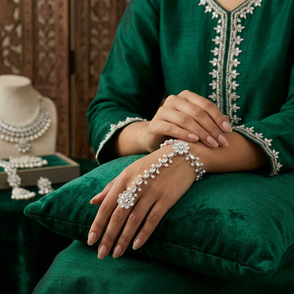 Kundan Pearl Hath Phool Bracelet Ring Gold lifestyle shot worn on model hand near face with green saree showing antique gold-tone kundan polki flower wrist station with pear CZ petals faux pearl drop hand chain and matching finger ring