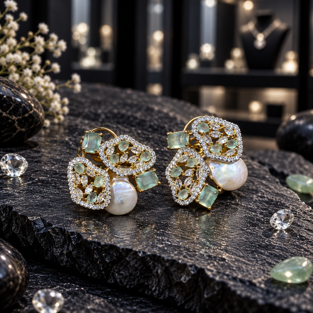 Pair of silver-tone cluster earrings with mint green accents, sparkling openwork panels, rectangular details and white iridescent pearl-look centres.