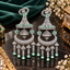 Pair of silver-tone mint-green chandelier earrings with clear faceted details, floral accents, and multiple dangling elements.