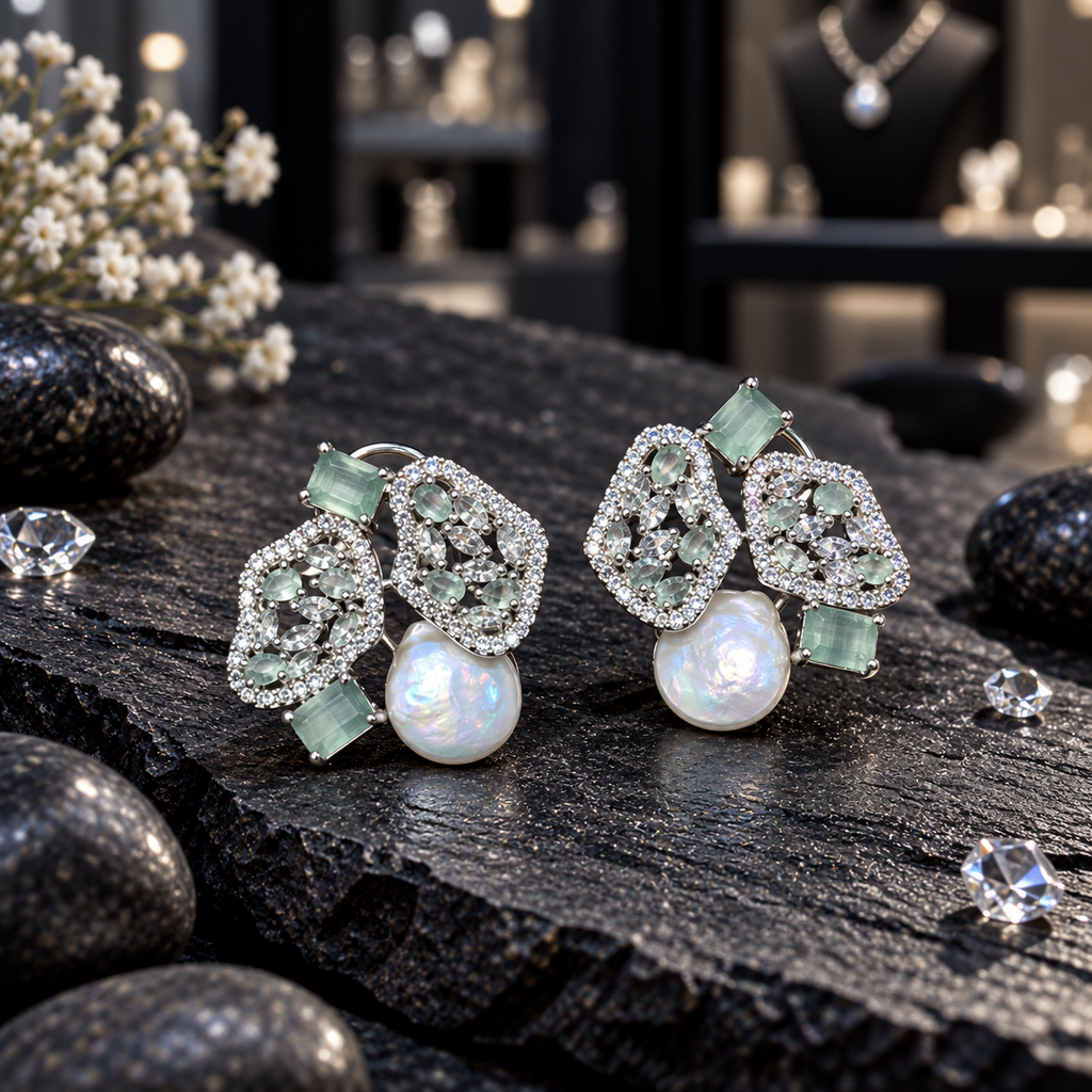 Pair of gold-tone cluster earrings with mint green accents, sparkling openwork panels, rectangular details and white pearl-look centres.