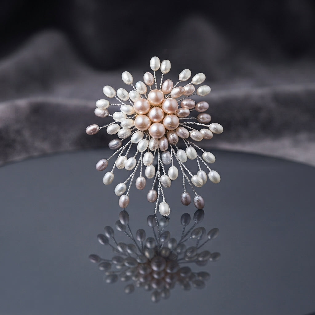 Multi-Tone Faux Pearl Starburst Spray Statement Brooch Pin flat lay on dark grey mirror surface with dark grey silk backdrop showing dandelion starburst spray brooch with round peach-pink faux pearl center cluster white oval pearl mid ring and mixed white lavender grey oval faux pearls on fine twisted silver-tone wire stems with mirror reflection below