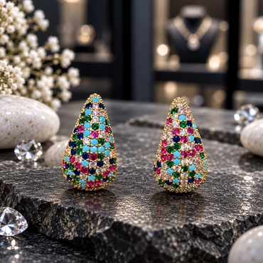 Pair of gold-tone rounded teardrop earrings covered with turquoise-blue, dark blue, pink, green and clear round accents.