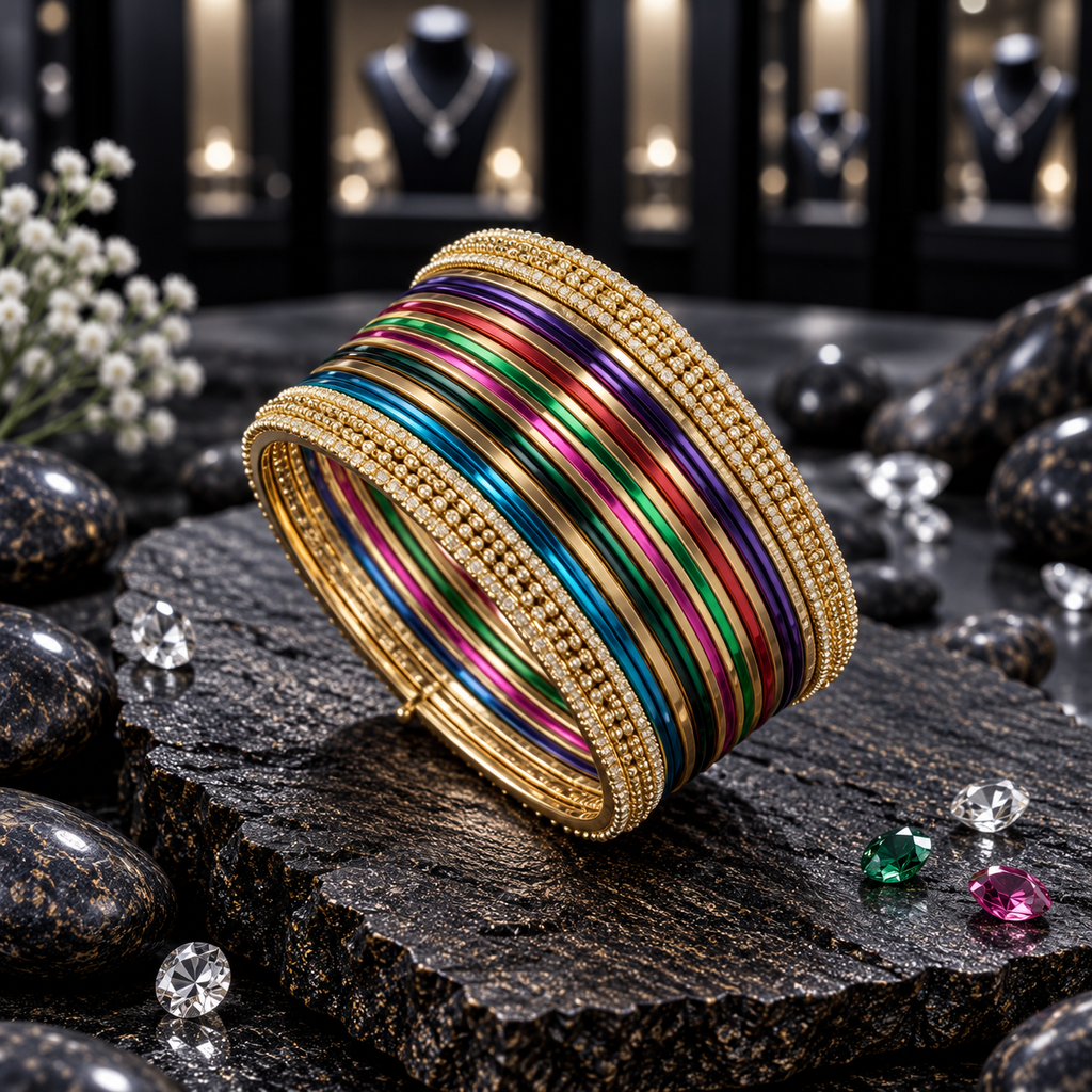 Multicolour stacked bangle set with blue, green, pink, red and purple bands framed by gold-tone textured borders and clear sparkling accents.