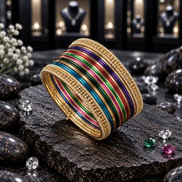 Multicolour stacked bangle set with blue, green, pink, red and purple bands framed by gold-tone textured borders and clear sparkling accents.