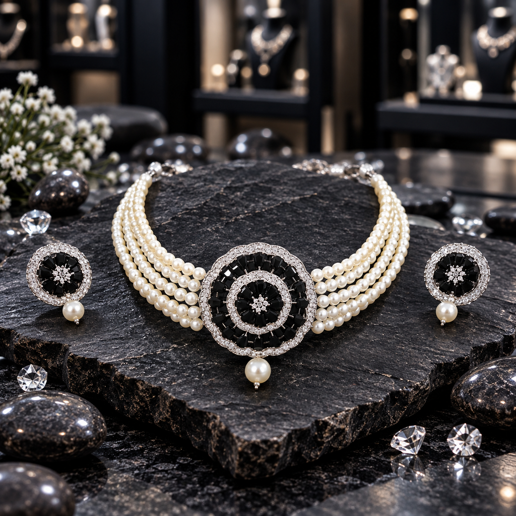 Cream pearl-look multi-strand choker with a round black-accent medallion, clear concentric borders, a floral centre and pearl-look drop, displayed with matching round drop earrings on dark slate.