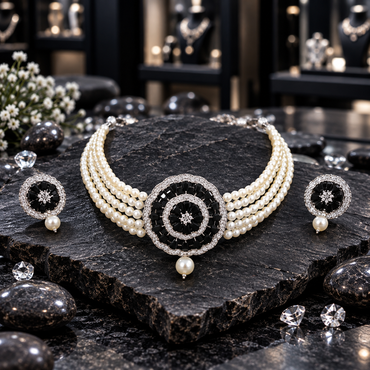 Cream pearl-look multi-strand choker with a round black-accent medallion, clear concentric borders, a floral centre and pearl-look drop, displayed with matching round drop earrings on dark slate.
