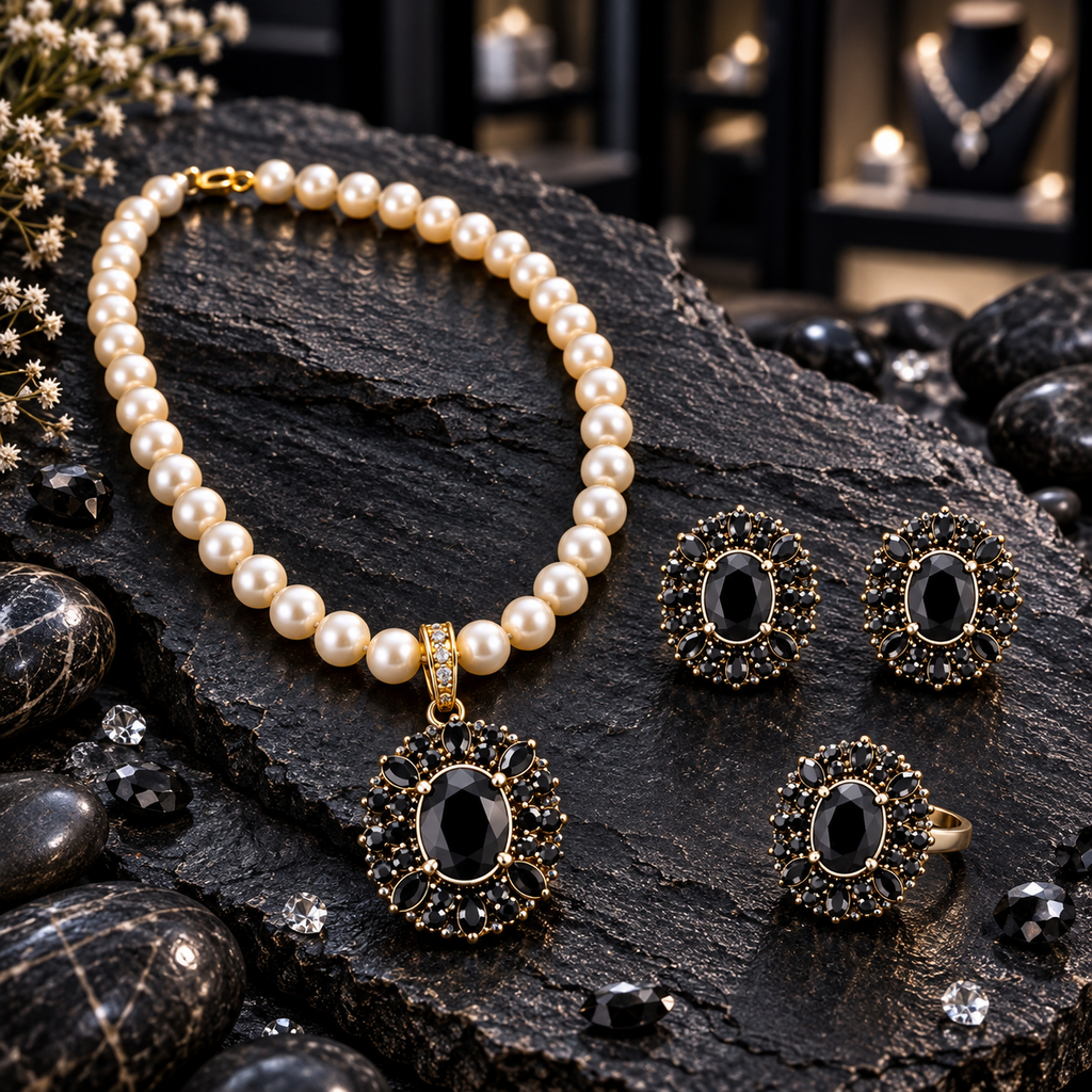 Cream pearl-look beaded necklace with black oval pendant, matching earrings and ring, surrounded by black decorative accents on dark slate.