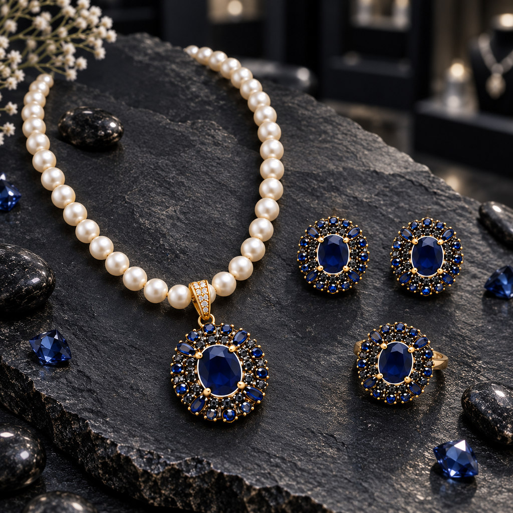 Cream pearl-look beaded necklace with dark-blue oval pendant, matching earrings and ring, surrounded by blue decorative accents on dark slate.