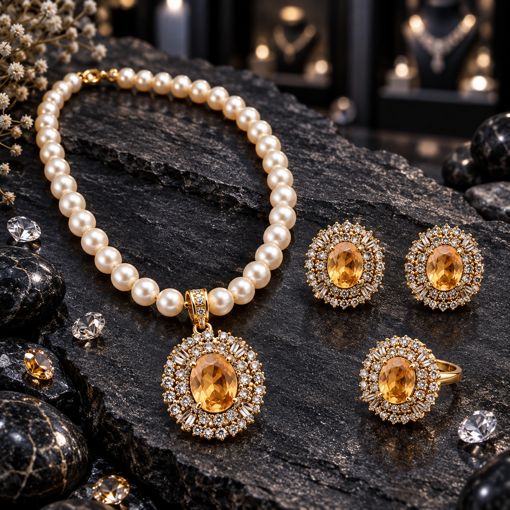 Cream pearl-look beaded necklace with golden-yellow oval pendant, matching earrings and ring, surrounded by clear decorative accents on dark slate.