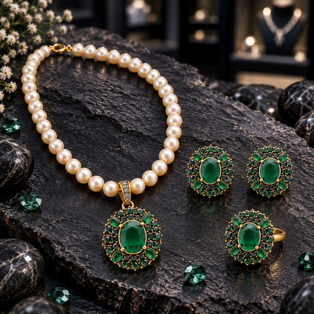Cream pearl-look beaded necklace with green oval pendant, matching earrings and ring, surrounded by green decorative accents on dark slate.